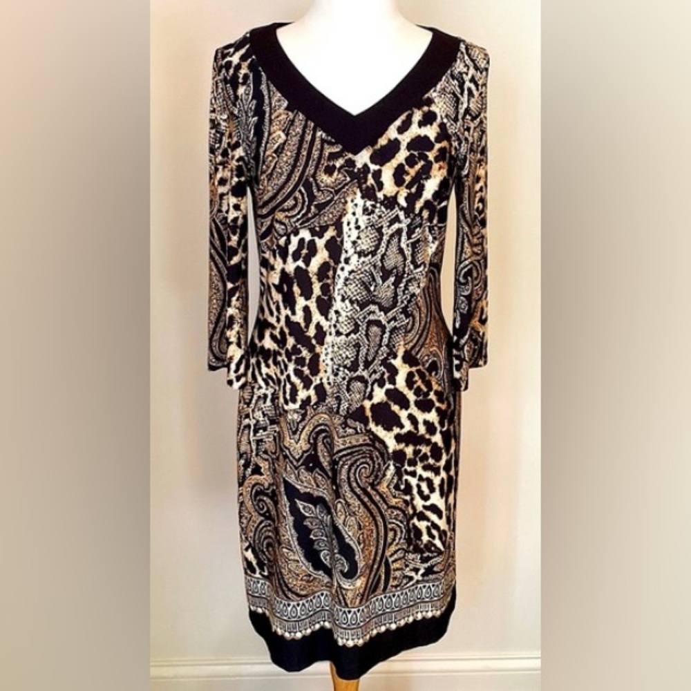Chico’s Brown Tan Snakeskin Animal Print SZ M Sophisticated Safari Chic Dress